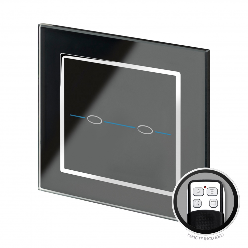 Crystal CT LED Dimmer Touch & Remote Light Switch 2 Gang Black Glass